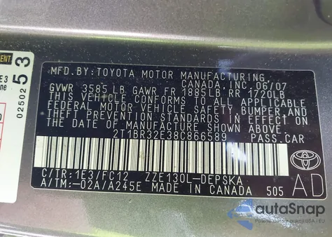 2008 Toyota Corolla S из США, поврежденный, VIN 2T1BR32E38C866589